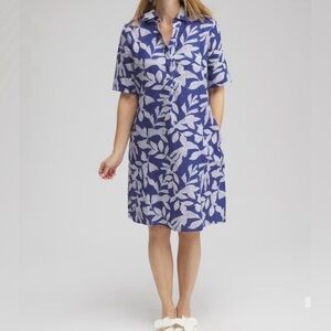 Chico’s Linen Leaf Popover Dress Women’s Size 8 In Blue And White